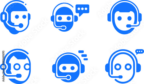 Blue customer support bot icons with headsets and speech bubbles for artificial intelligence and digital service concepts