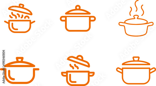 Set of cooking pot icons featuring various kitchen cookware designs for culinary preparation and home meal cooking concepts
