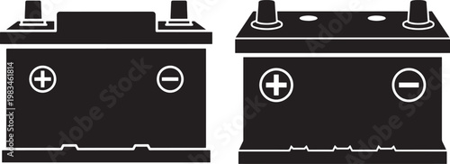 Two black and white illustrations of a car battery positive and negative terminals lead acid automotive electricity automobile transport illustration isolated terminal positive