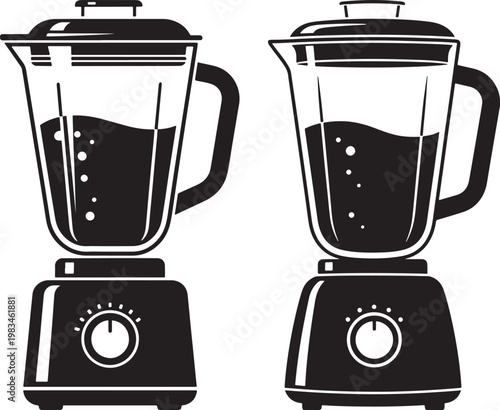 Two black and white illustrations of kitchen blenders with liquid inside kitchen appliance food processor smoothie maker small appliance rotary switch appliance kitchenware equipment isolated