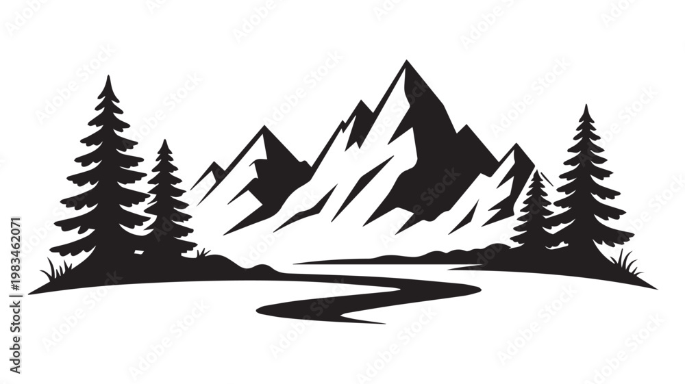 Fototapeta premium Majestic Mountain Silhouette: A striking graphic of towering mountain peaks, evergreen trees, and a winding river against a monochromatic background.