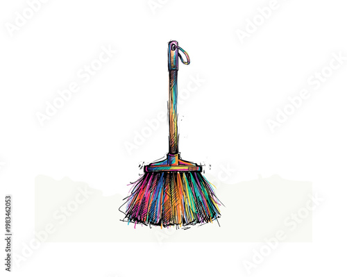 Household broom with long handle and dense bristles forming a simple cleaning tool silhouette in expressive vibrant multicolor pen