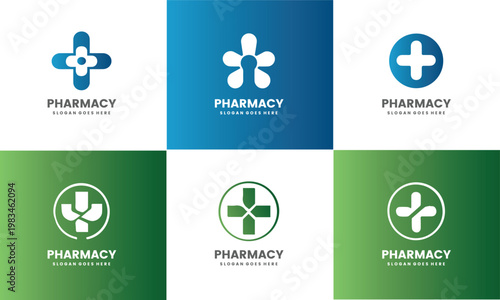 Pharmacy Logo Designs with Various Color Schemes and Symbols