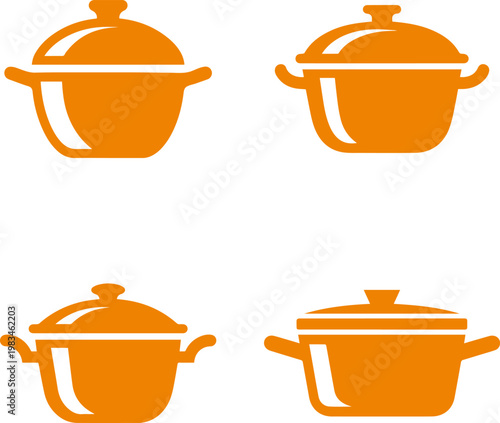 Set of orange cooking pot icons with lids for kitchen, culinary, and restaurant concepts, isolated on a clean white background