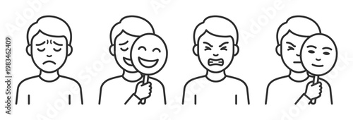 This illustration depicts diverse human emotions: sadness, anger, and the social pressure to fake happiness by wearing a smiling mask. Useful for psychology and wellbeing.