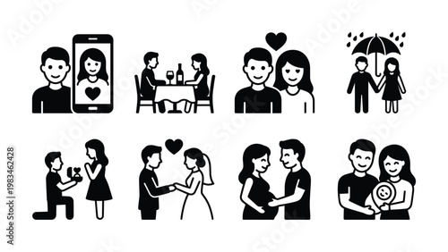 Black icons show couple's life journey: online dating, dinner, proposal, wedding, pregnancy, new family. Ideal for love, relationship, family projects.