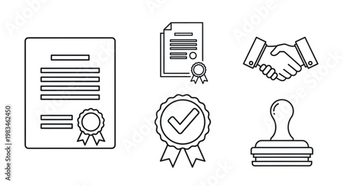 Collection of Business Icons Representing Agreement and Approval.