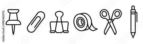 Outline icons of essential office and school supplies including pushpin, paper clip, binder clip, tape, scissors, and pen. Minimalist design for web, app, and education.