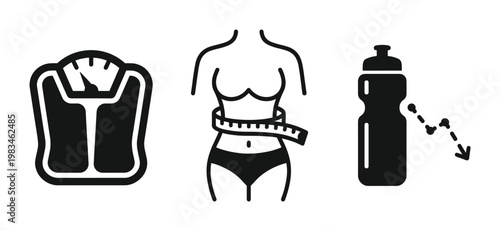 Collection of health and fitness icons: weight scale, body with measuring tape, and water bottle. Symbolizes diet, workout, wellness goals. Ideal for health, nutrition, sports content.