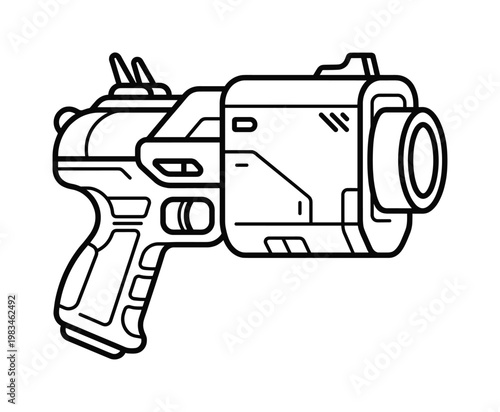 A simple line art illustration of a futuristic sci-fi blaster weapon, perfect for gaming apps, icons, and fantasy-themed graphic design projects. Clean black and white vector outline.