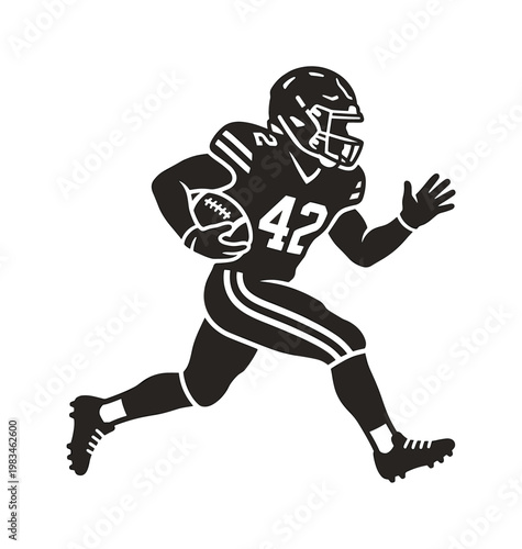 Dynamic black and white vector illustration of an American football player in action, running with the ball. Ideal for sports promotion and event design.