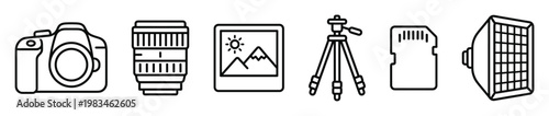 A collection of simple black and white outline icons representing essential photography gear. Perfect for web design, apps, and educational materials.