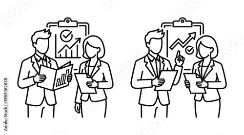 Business professionals analyze data, review reports, and discuss growth charts. Modern outline icons for finance, marketing, and corporate presentations or success concepts.