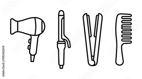 Clean black outline vector icons of hair styling tools: hairdryer, curling iron, straightener, and comb on a white background. Ideal for beauty, salon, and personal care concepts.