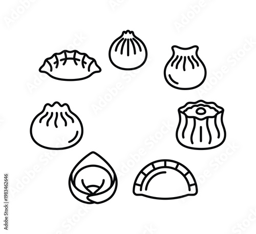 A collection of diverse Asian dumpling outline icons, showcasing various types like gyoza, baozi, and shumai. Perfect for menus, food blogs, and culinary design projects.