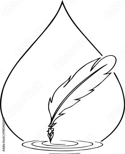 Minimalist Line Art of Water Droplet with Feather Quill Pen Creating Ripples – Symbol of Creativity and Expression