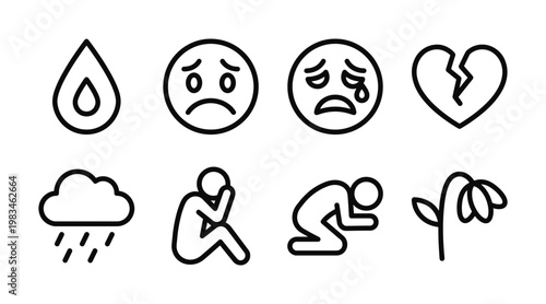 A collection of black outline icons depicting various negative emotions such as sadness, crying, broken heart, and depression. Ideal for mental health resources or infographics.