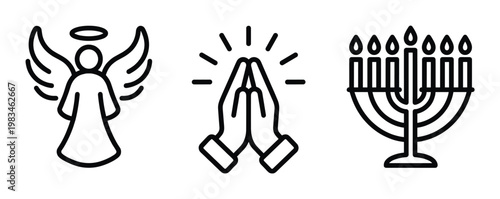 Outline icons of religious symbols: an angel with halo, praying hands, and a menorah with candles. Ideal for spiritual, holiday, and faith-based designs, apps, or websites.