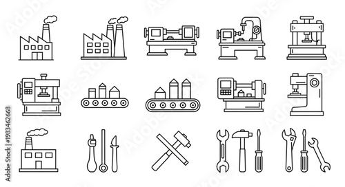 Collection of industrial machinery and factory icons.