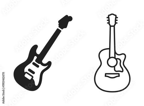 Minimalist black and white vector illustration featuring an electric guitar icon and an acoustic guitar outline. Perfect for music themes, apps, or web design.