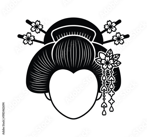 Elegant black and white vector illustration of a traditional Japanese geisha hairstyle, adorned with floral kanzashi hairpins. Ideal for cultural themes, branding, and designs.