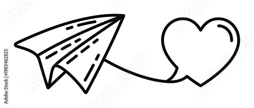 Simple line art icon featuring a paper airplane connected to a heart, symbolizing love messages and digital communication. Ideal for apps, websites, and romantic themes.