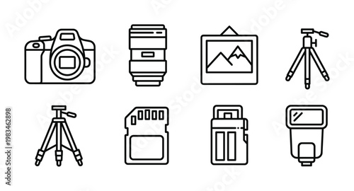 A collection of black line art icons featuring essential photography equipment like cameras, lenses, tripods, and memory cards. Ideal for tech blogs or web design.