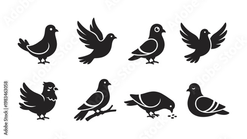 A collection of versatile minimalist black pigeon and dove silhouette icons, perfect for peace, freedom, or animal-related designs. Clean vector style for various applications.