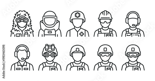 A collection of diverse professional occupation avatars in minimalist line art. Perfect for UI, apps, infographics, and presentations, symbolizing service, safety, and specialized roles.