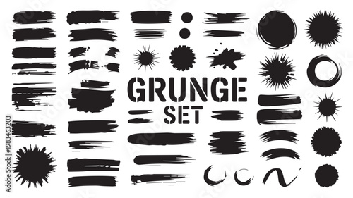 Grungy Brush Strokes Set: A collection of raw, textured brush strokes, splatters, and circles arranged as a design resource, perfect for adding a touch of grit to any creative project.
