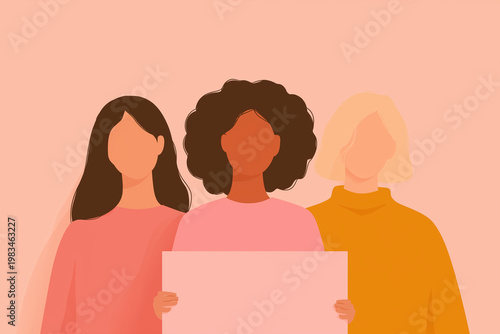 Three people, diverse women, stand together holding a large pink sign, illustrating collaboration, teamwork, and presentation in a friendly, inclusive setting with a soft peach background