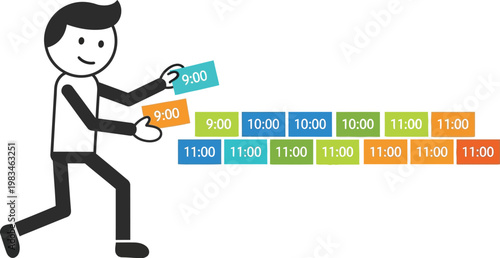 Businessman organizes his busy schedule by arranging colorful time slot cards.