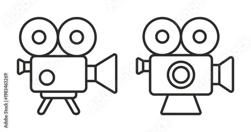 Two minimalist vintage film camera line art icons on a white background, perfect for cinema, movie production, and entertainment related designs.