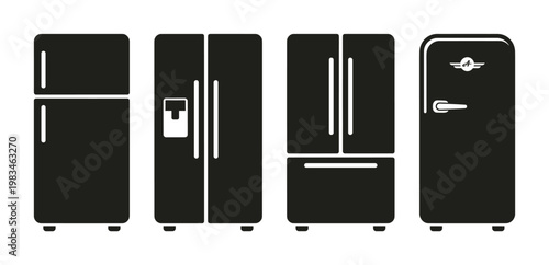 Collection of modern and retro refrigerator icons in various styles. Flat black silhouettes on white, perfect for kitchen appliance guides, home design, or technology concepts.