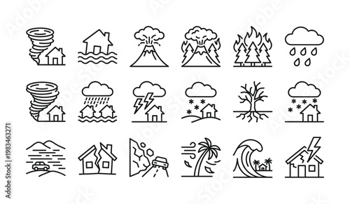 Outline icons depicting natural disasters and extreme weather events. Ideal for insurance, emergency services, education, and warning systems. Minimalist vector design.