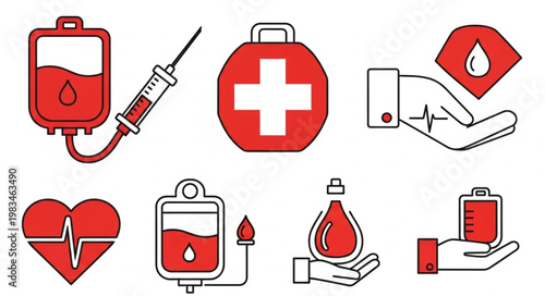 Medical icons representing blood donation and healthcare services.