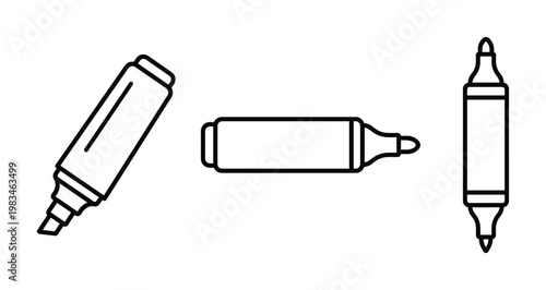 Minimalist line art icons of three highlighters. Ideal for highlighting text in educational, office, and graphic design projects, offering clarity and simple style.