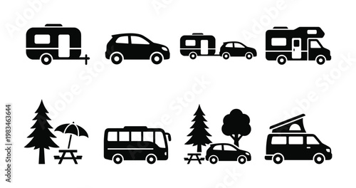 A collection of black silhouette icons featuring various camping and travel vehicles like RVs, trailers, buses, and cars with nature elements. Ideal for web, print, and mobile designs.