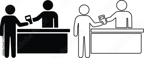 Vector icon set of customer at reception desk handing ticket to clerk in black silhouette and line outline styles isolated on white background for hotel check-in and airport travel concept.