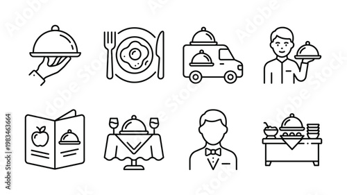 A versatile set of outline icons illustrating various aspects of restaurant, catering, and food delivery services. Perfect for web, mobile apps, or print projects.