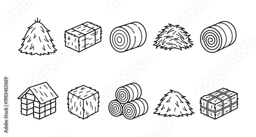 Vector outline set showcasing different shapes of hay and straw, including bales, stacks, and a hut. Perfect for farming, rural, and natural resource concepts.