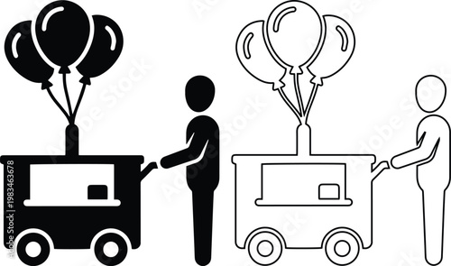Vector icon set of street vendor pushing a cart with balloons in minimalist flat solid black silhouette and line outline styles isolated on white background for outdoor market concept.