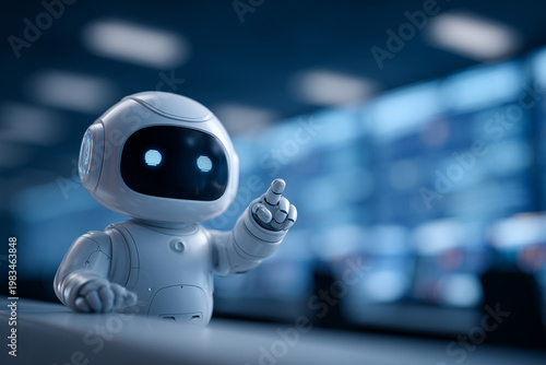 Robot in office setting points forward, showcasing technology, future, and digital interaction with screens in a modern workspace during a demonstration