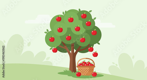 An apple tree with a basket.
