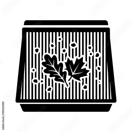 Black Silhouette Dirty Cabin Air Filter with Trapped Leaves Vector Icon 