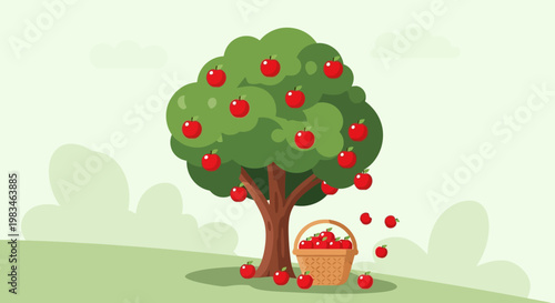 A cartoon tree with red apples and a basket.
