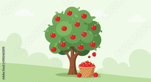 An apple tree with a basket.