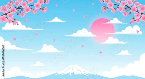 A serene landscape with cherry blossoms.