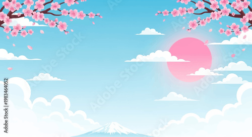 A serene landscape with cherry blossoms.