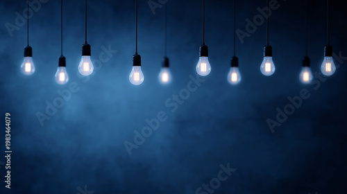 Blue ambience with hanging pendant lights, soft glow over smoky backdrop, minimalist interior mood, calm intimate and modern atmosphere